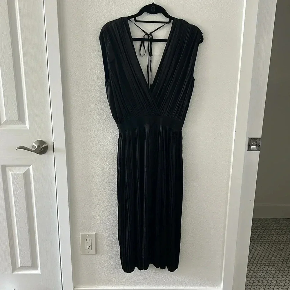 TOME Black Satin Cross Front Pleated Dress - Picture 8 of 12